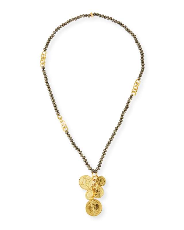 Pyrite Beaded Coin Pendant Necklace, 34"L